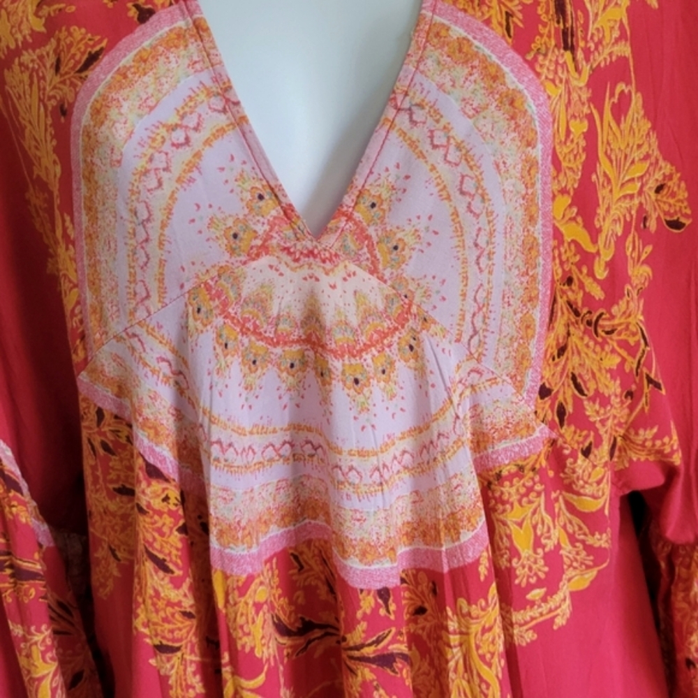 Free People Sunset Dreams boho print bell sleeve salmon color top women's‎ XS - Picture 7 of 16